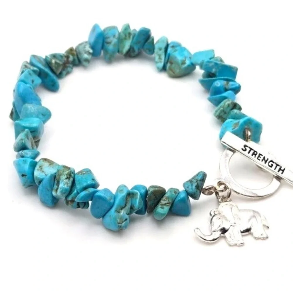 Turquoise Chip Stretch Bracelet with 925 Silver‎ Elephant Charm and Toggle Clasp